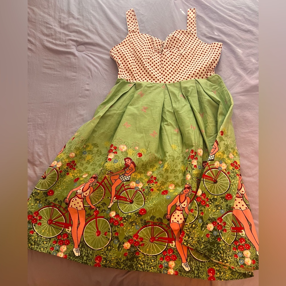 Polka Dot and Green Bicycle Print Dress